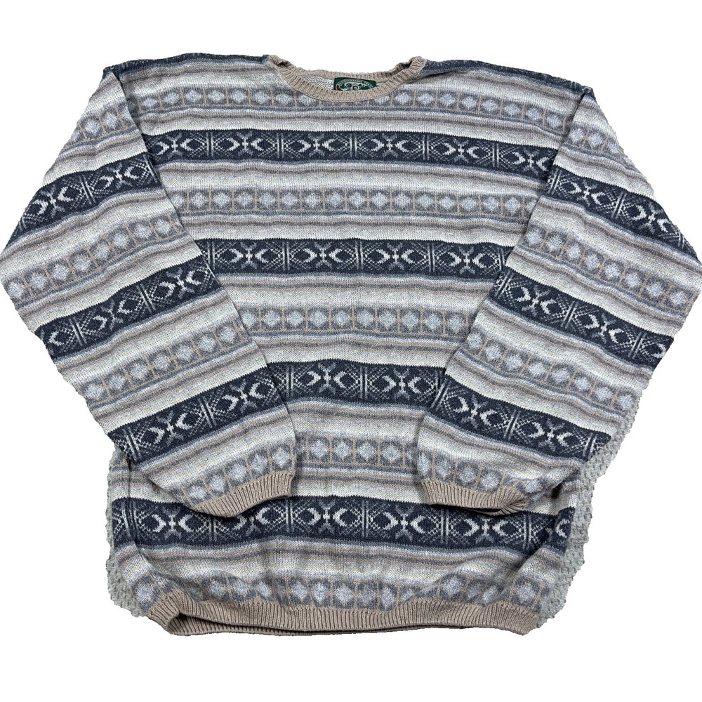 Vintage Grandpa Sweater Men Large Tan Gray Geometric Nordic Knit Golf 90s USA